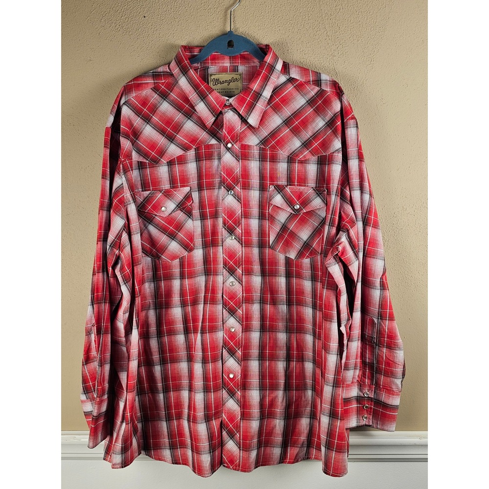 Wrangler Mens Red Plaid Western Pearl Snap‎ Long Sleeve Shirt 3XL